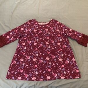 Woman Within Shirt Womens 1X Plus Red Floral 3/4 Bell Sleeve Crochet Tunic Top